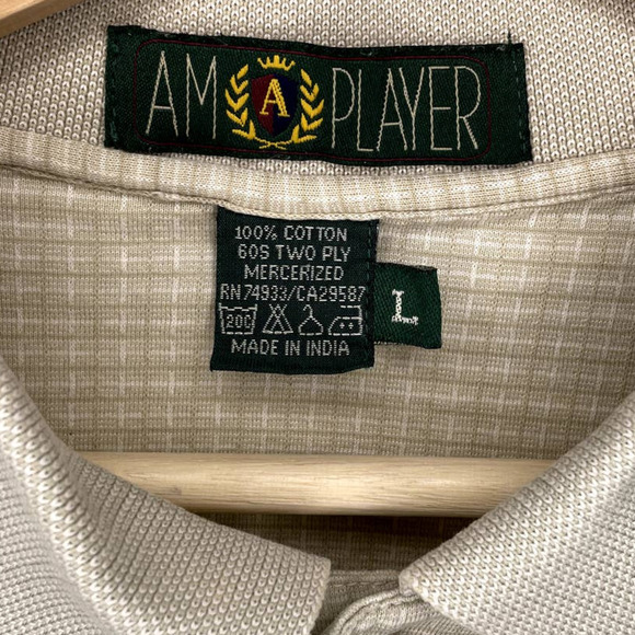 AM Player Shirt Cream White Checked Collared Button Cotton Golf Polo Size Large - Picture 7 of 11
